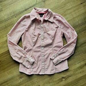 Y2K Apostrophe Blouse‎ Women's Size Medium Striped Work Business Pink White Prep